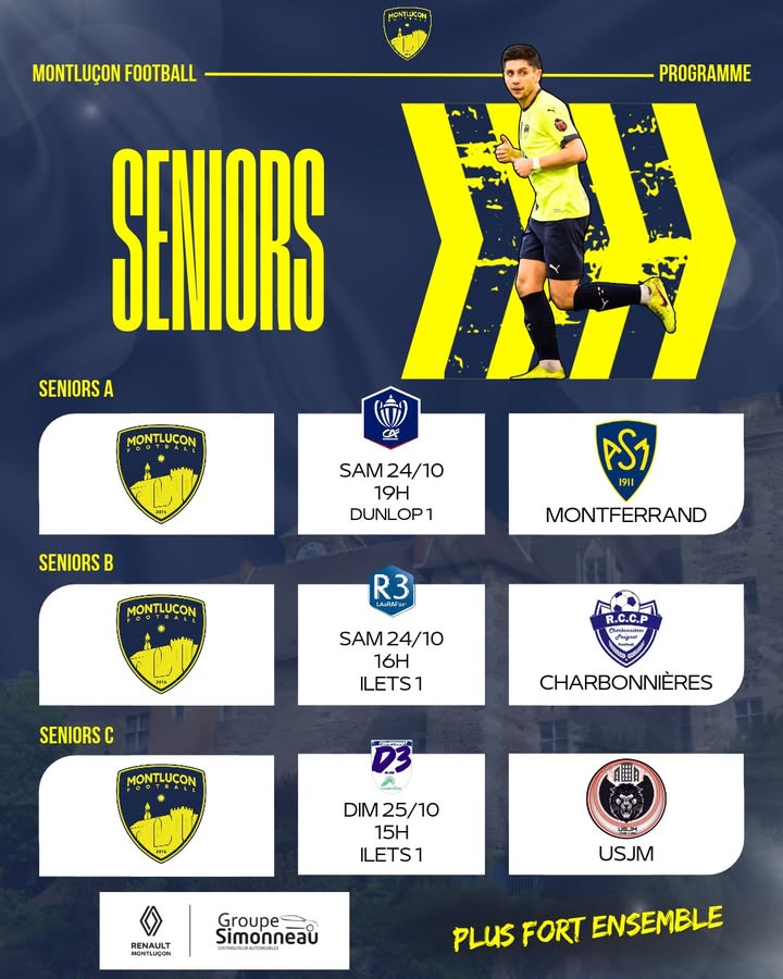 📅 𝗣𝗥𝗢𝗚𝗥𝗔𝗠𝗠𝗘 𝗗𝗨 𝗪𝗘𝗘𝗞-𝗘𝗡𝗗 💙💛 Seules nos équipes Seniors sont sur le pont ce week-end…