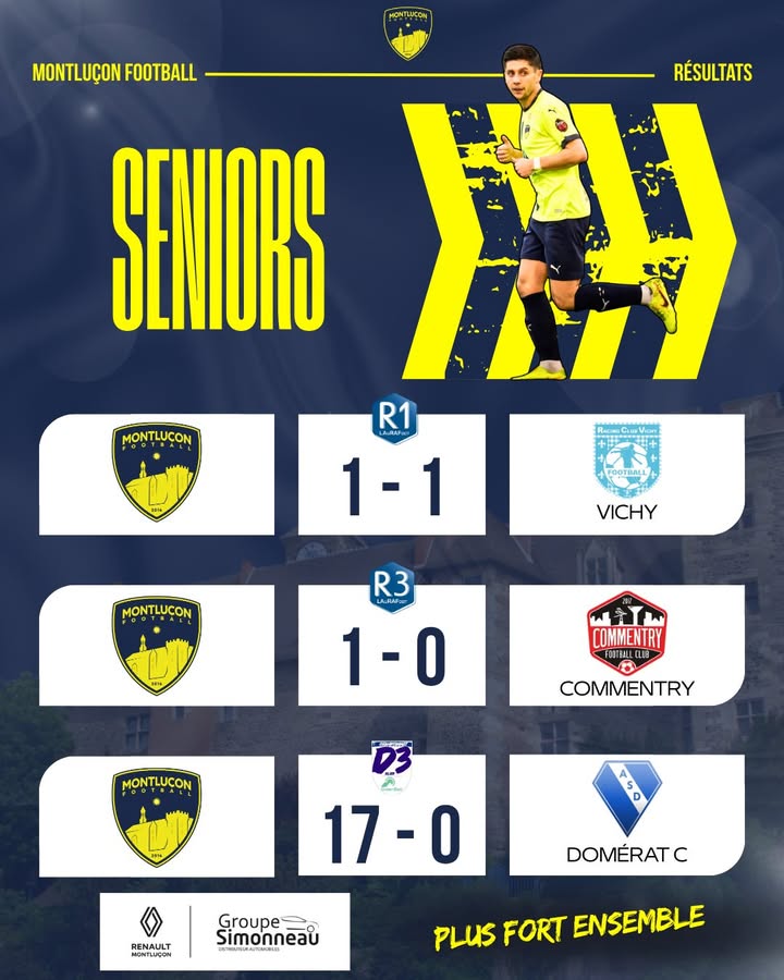 📊 𝗥𝗘́𝗦𝗨𝗟𝗧𝗔𝗧𝗦 𝗗𝗨 𝗪𝗘𝗘𝗞-𝗘𝗡𝗗 ⚽ Un nouveau week-end de compétition pour les équipes du Montluçon…